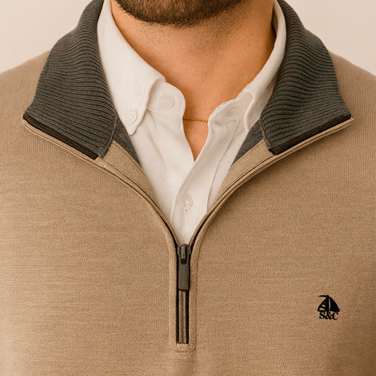 Jersey de hombre media cremallera beige con contraste