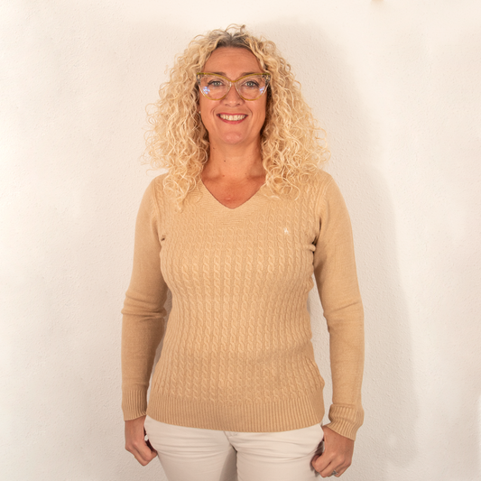 Jersey de Mujer Cuello Pico Trenzado Beige