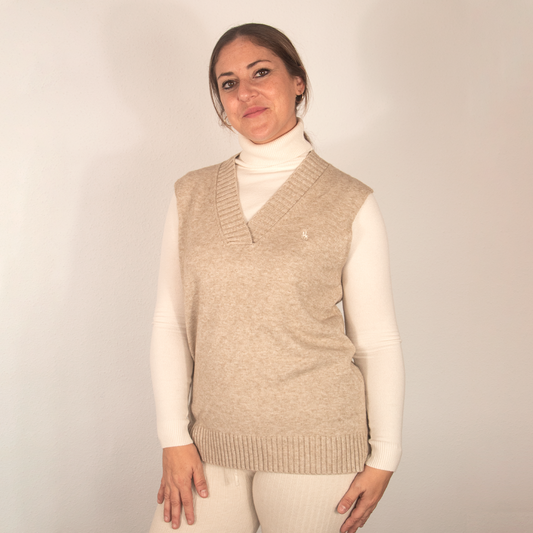 Chaleco de Punto para Mujer con Cuello Pico Beige