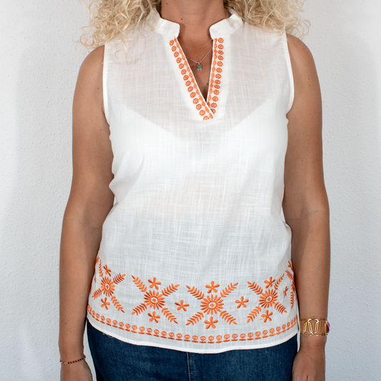 Blusa cuello mao bordados naranja
