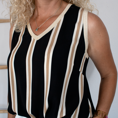Blusa sin mangas a rayas negro, blanco y beige