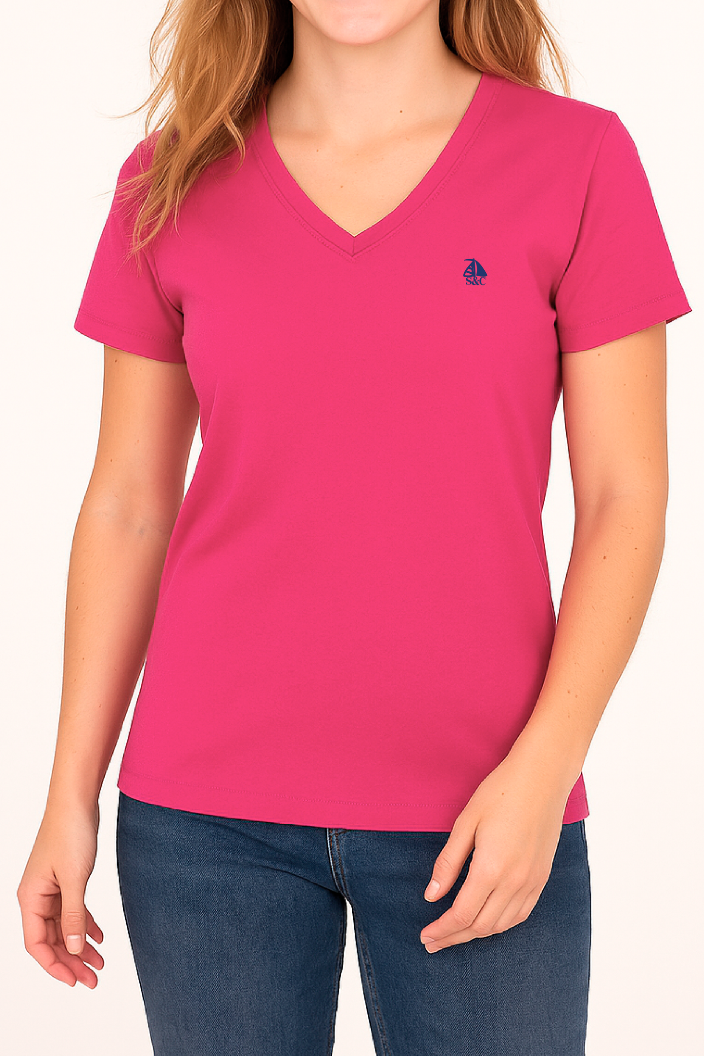 Camiseta pico manga corta fucsia