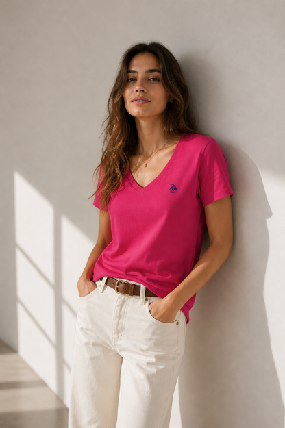 Camiseta pico manga corta fucsia