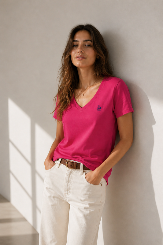 Camiseta pico manga corta fucsia