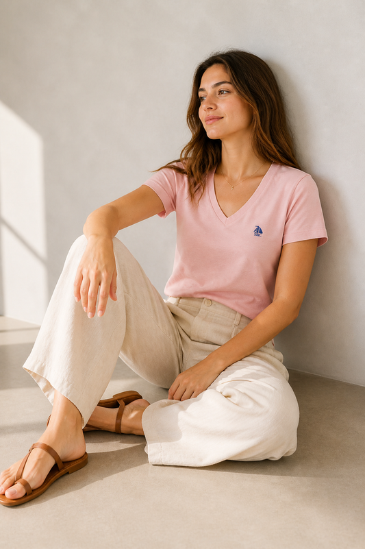 Camiseta pico manga corta rosa