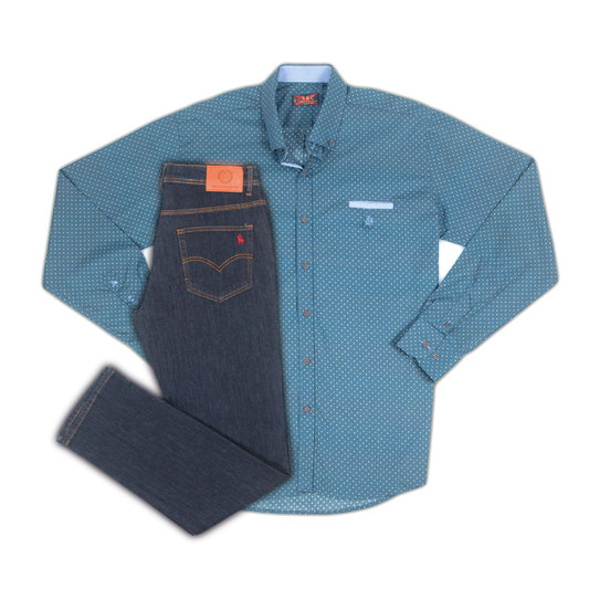 Conjunto Hombre Camisa Azul Marino y Pantalón Vaquero