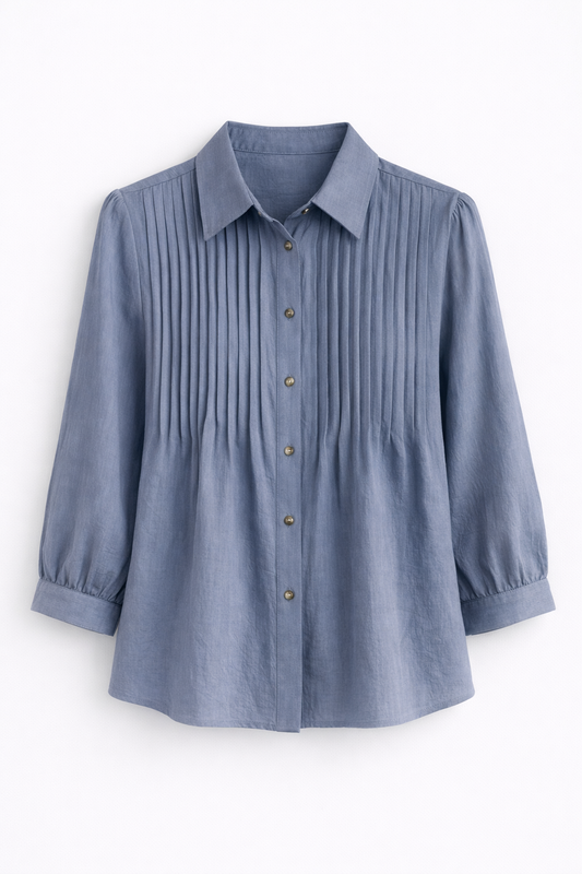 Camisa azul fruncido pecho y mangas