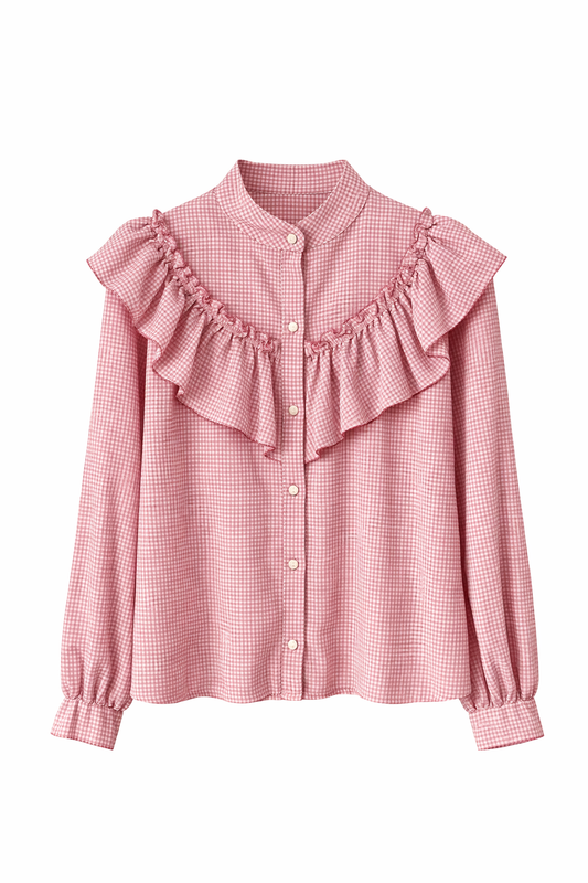 Camisa cuadros coral con volante