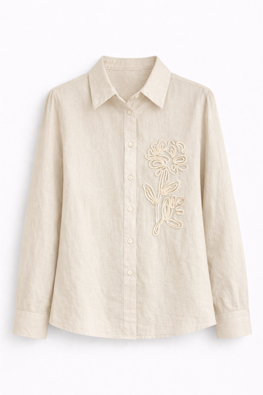 Camisa beige lisa con bordado