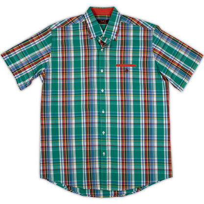 Conjunto camisa verde cuadros y rayas con bermuda roja