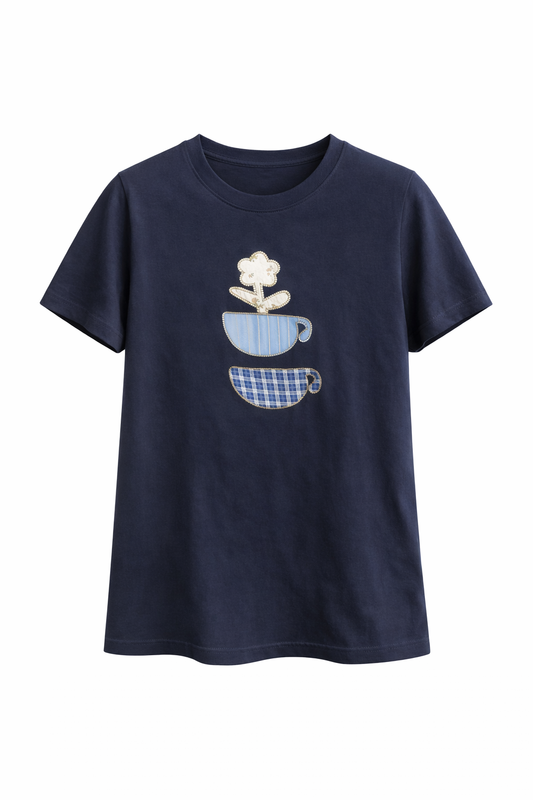 Camiseta Mujer manga corta azul marino "Tazas"