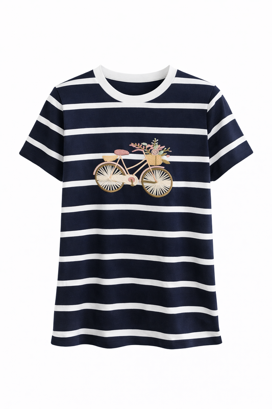 Camiseta Mujer manga corta a rayas "Bicicleta"