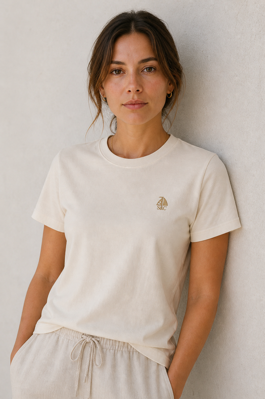 Camiseta manga corta cuello redondo blanco vintage