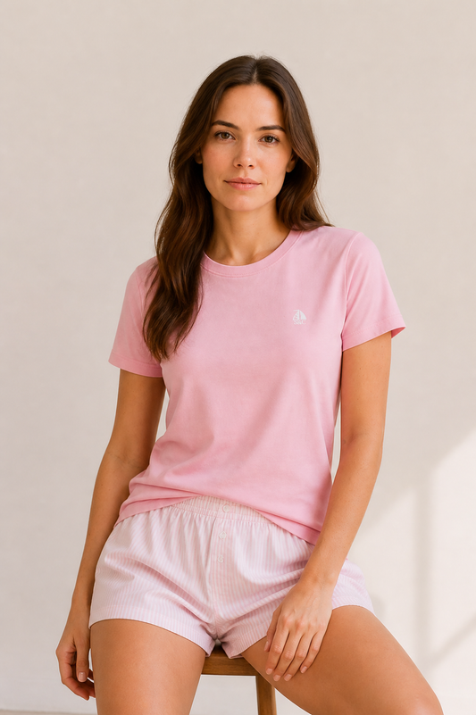 Camiseta manga corta cuello redondo rosa pastel