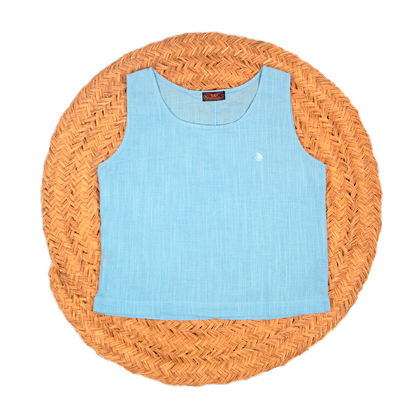 Blusa mujer lino sin mangas celeste