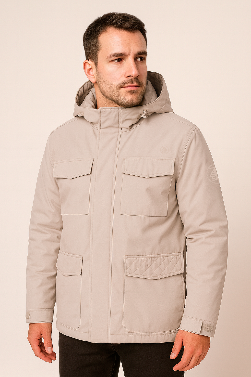 Chaqueta Hombre Beige Multibolsillos Con Capucha