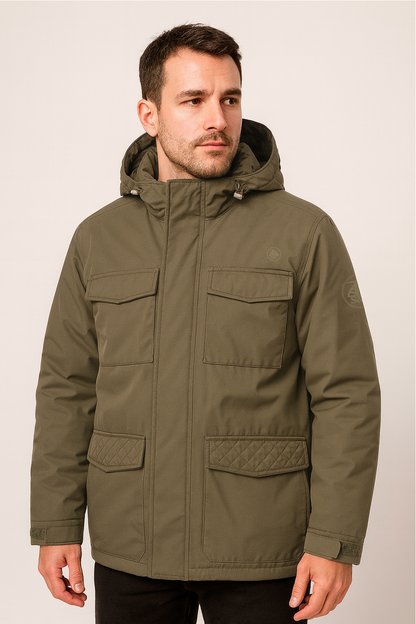 Chaqueta Hombre Verde Militar Multibolsillos Con Capucha