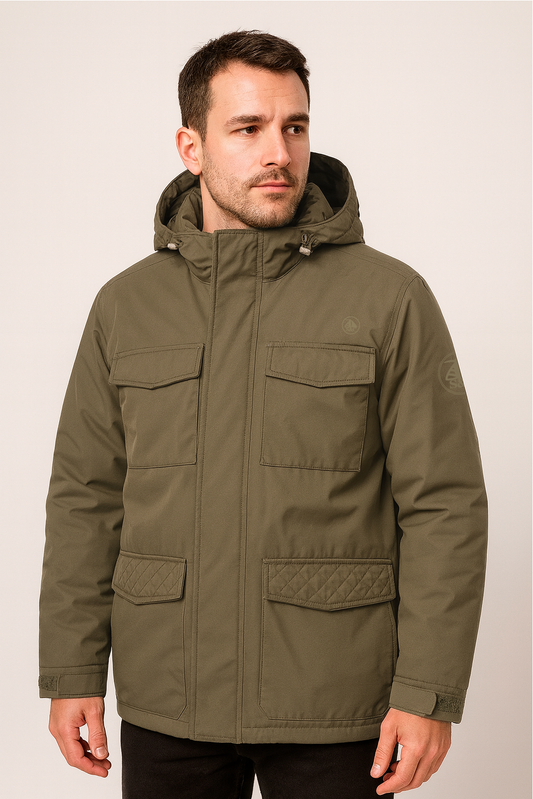 Chaqueta Hombre Verde Militar Multibolsillos Con Capucha