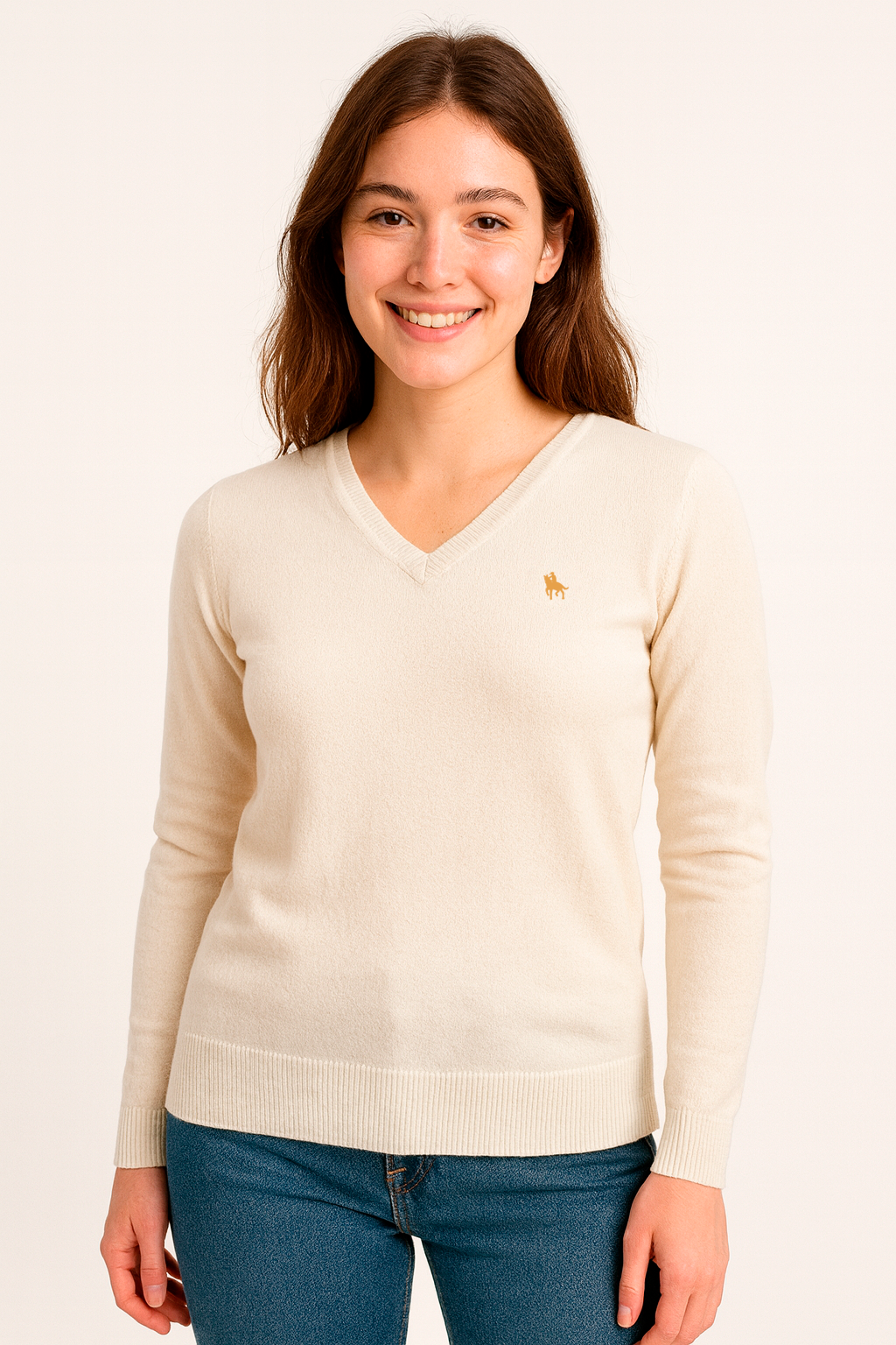 Jersey Mujer Cuello Pico Blanco Roto