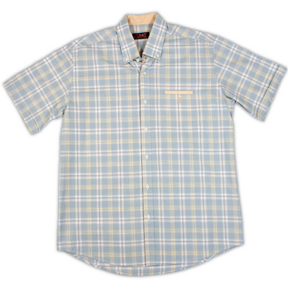 Conjunto camisa rayas y cuadros azul y amarillo con bermuda blanca