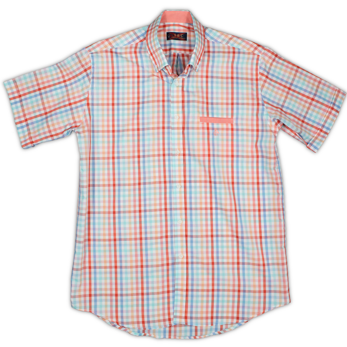 Conjunto camisa cuadros de colores y bermuda celeste