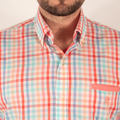 Conjunto camisa cuadros de colores y bermuda celeste