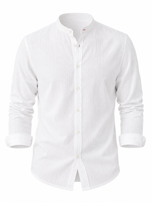 Camisa hombre manga larga cuello mao liso blanco