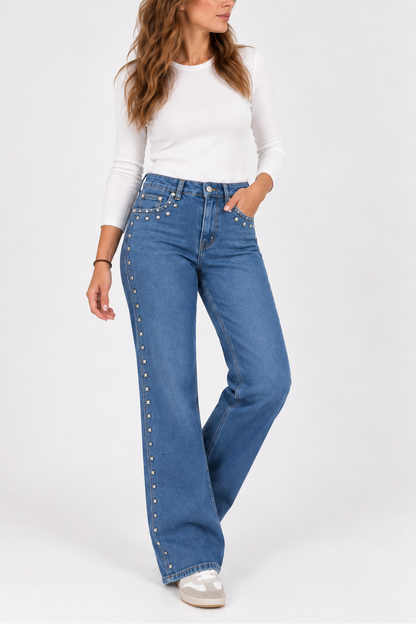 Pantalón vaquero de mujer tachuelas claro