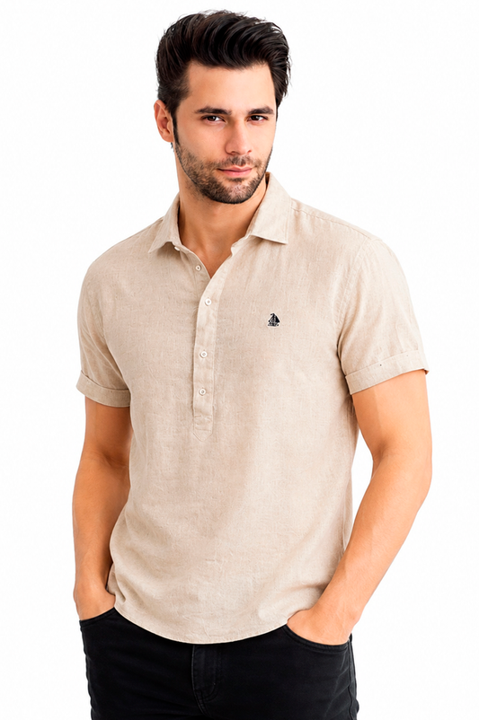 Polera cuello camisa manga corta Beige