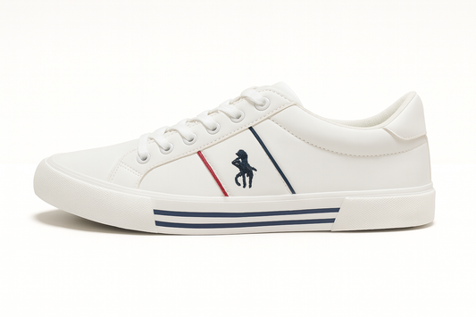 Zapatilla blanca con azul y rojo
