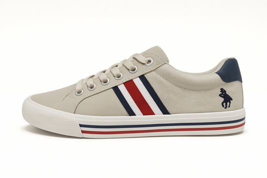 Zapatilla ligera gris con azul y rojo