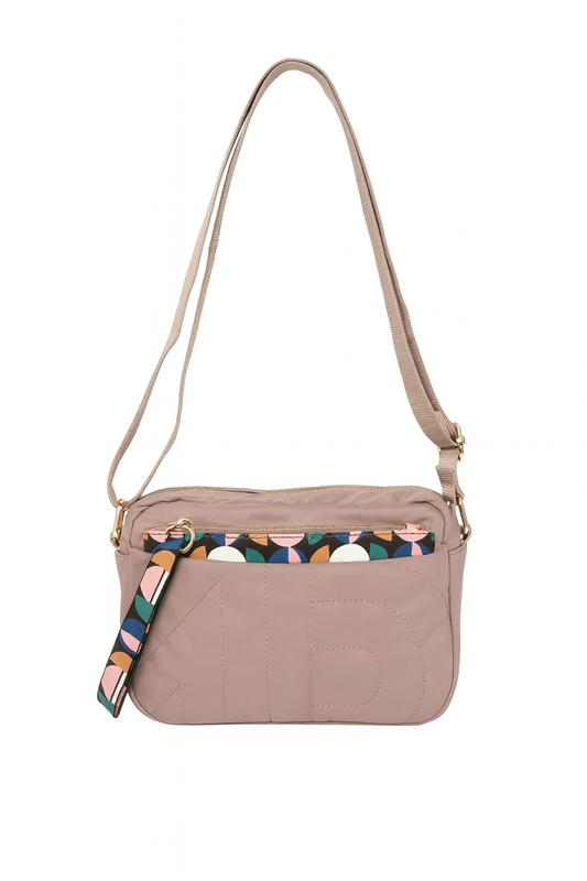 Bolso rosa pequeño con bolsito extraíble estampado geométrico