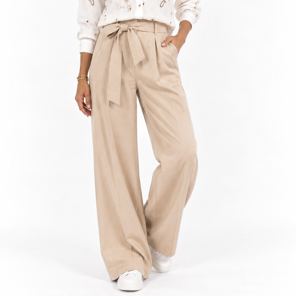 Pantalón lazo ancho beige