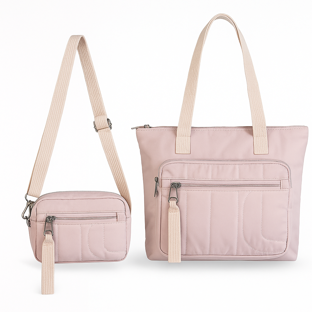 Bolso bandolera rosa palo con cremallera y correa ancha beige