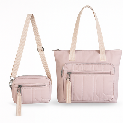 Bolso bandolera rosa palo con cremallera y correa ancha beige