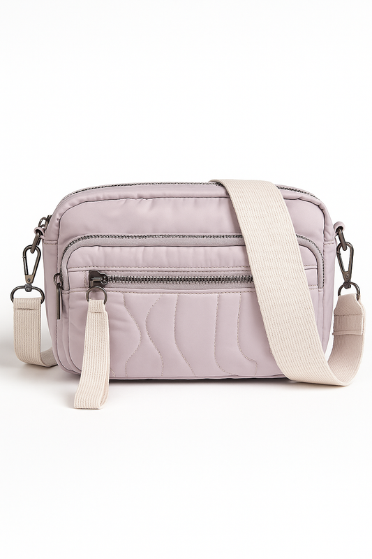 Bolso bandolera rosa palo con cremallera y correa ancha beige