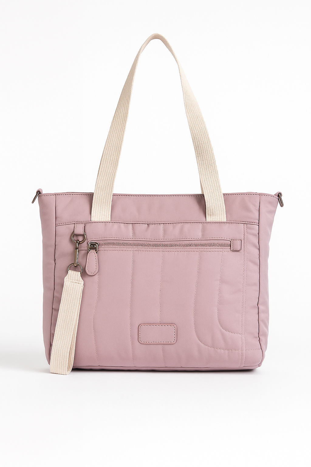 Bolso shopper rosa palo con bolsillo frontal y asas beige
