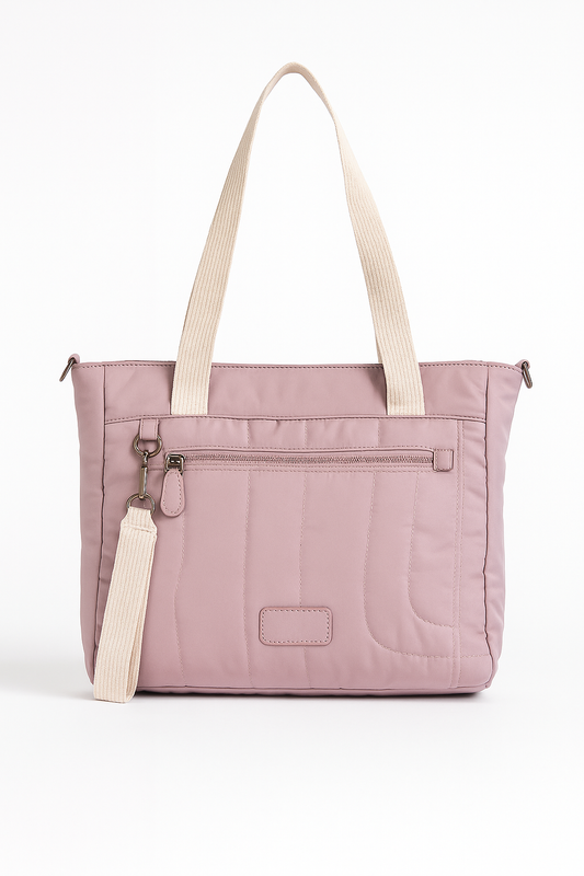 Bolso shopper rosa palo con bolsillo frontal y asas beige