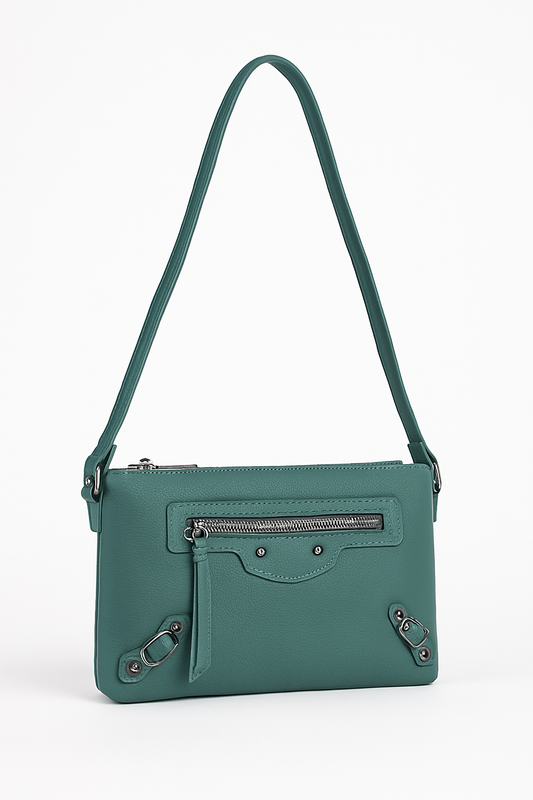 Bolso de mano verde con cremallera frontal y detalles metálicos