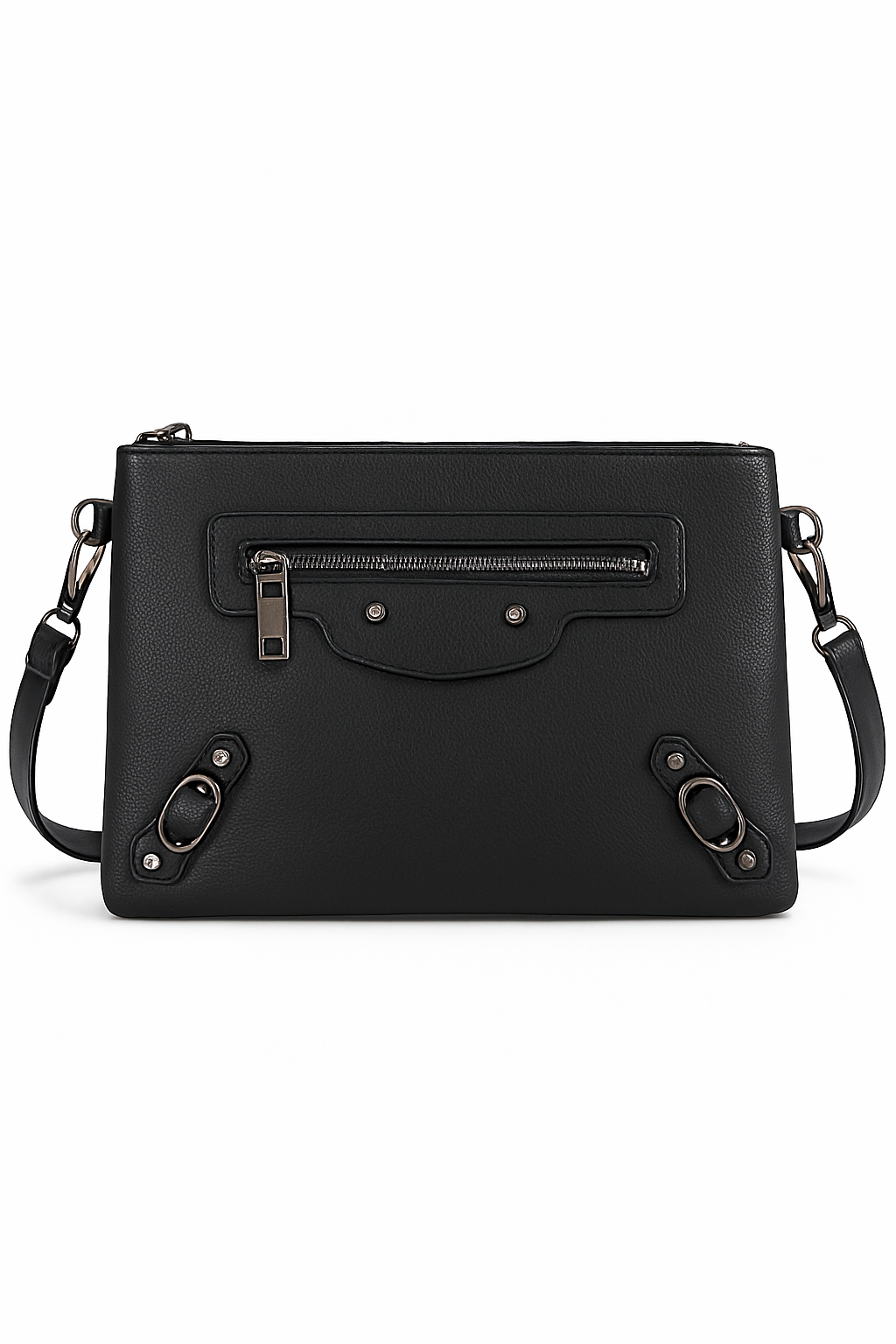 Bolso de mano negro con cremallera frontal y detalles metálicos
