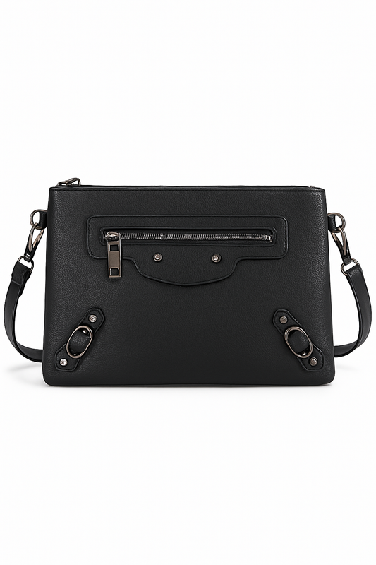 Bolso de mano negro con cremallera frontal y detalles metálicos