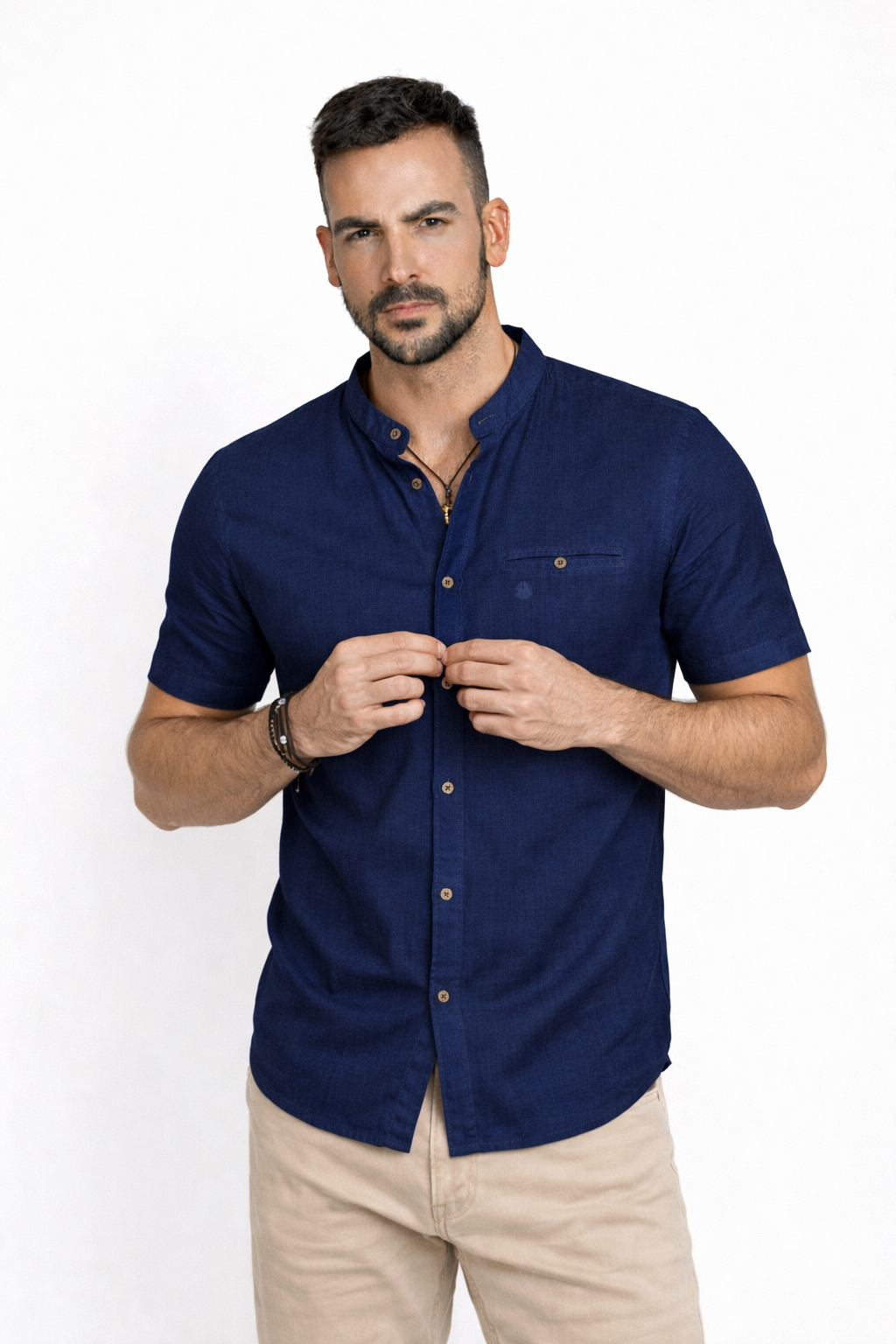 Camisa Cuello Mao manga corta Azul Marino