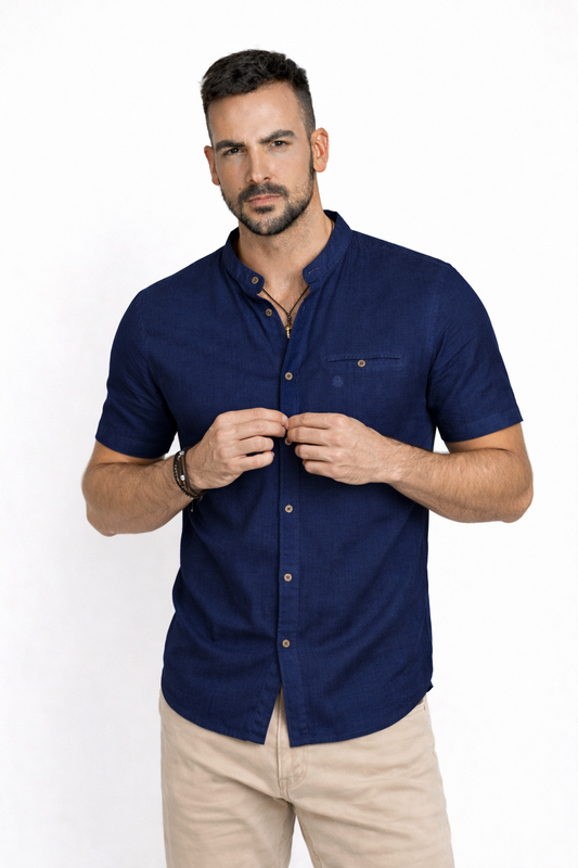 Camisa Cuello Mao manga corta Azul Marino