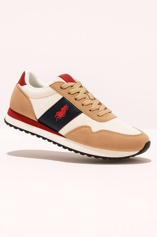 Zapatillas deportivas detalles beige y rojo