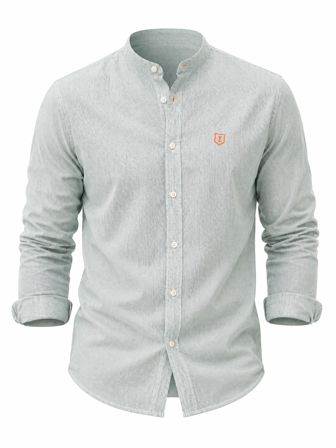 Camisa hombre manga larga cuello mao rayas verde