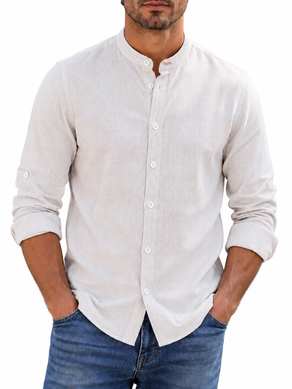 Camisa hombre manga larga cuello mao liso blanco