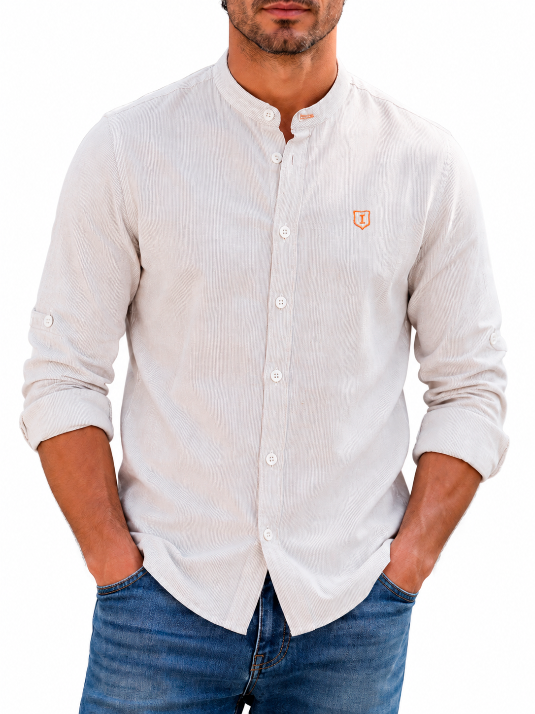 Camisa hombre manga larga cuello mao rayas beige
