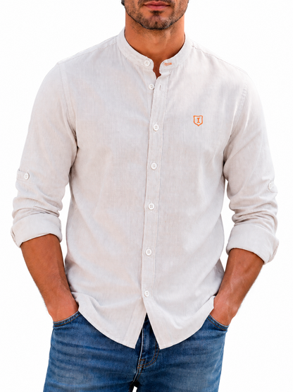 Camisa hombre manga larga cuello mao rayas beige