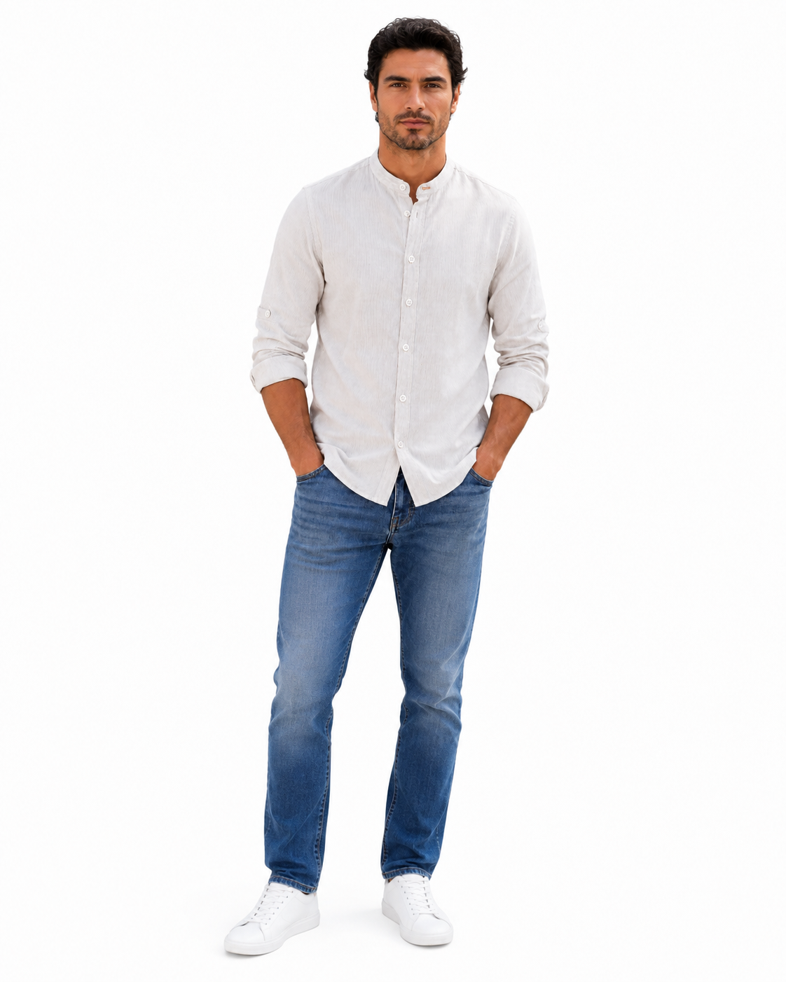 Camisa hombre manga larga cuello mao liso blanco