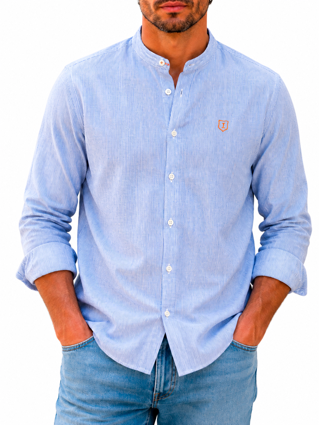 Camisa hombre manga larga cuello mao rayas celeste